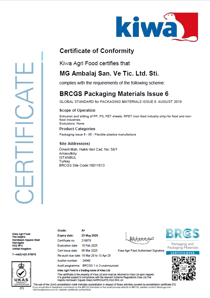 MG Ambalaj - BRCGS - Bescheinigung für Verpackungsmaterialien